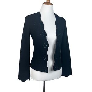 Talbots Open Front Cashmere Wool Long Sleeve Scalloped Black Cardigan Womens S